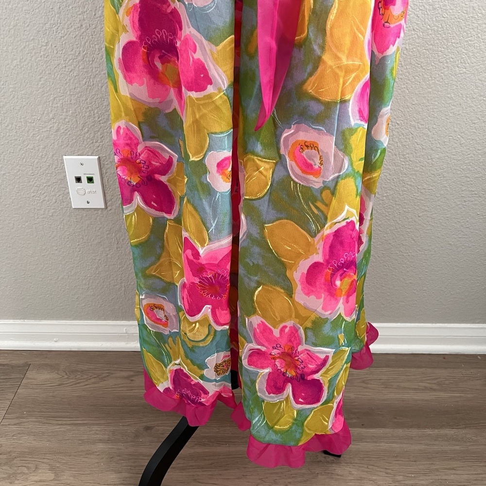 Vintage Jenelle of California Gown Belted Ruffles Floral Lined Colorful Nylon - Picture 10 of 14